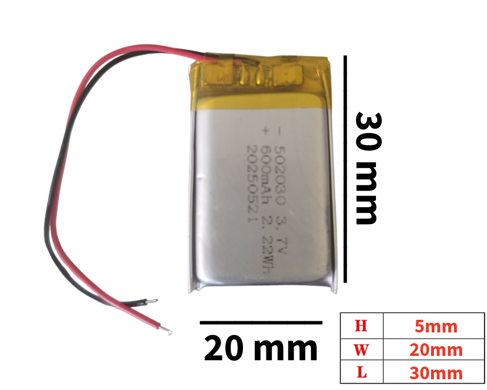 Batería plana de Litio Li-ion 502030 de 3.7V 600mAh